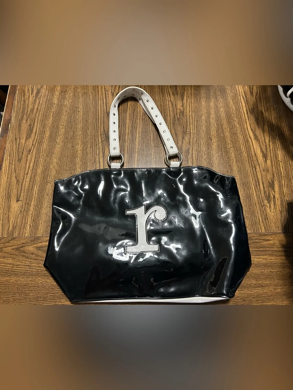 Letter R Monogram Black Tote with White Trim